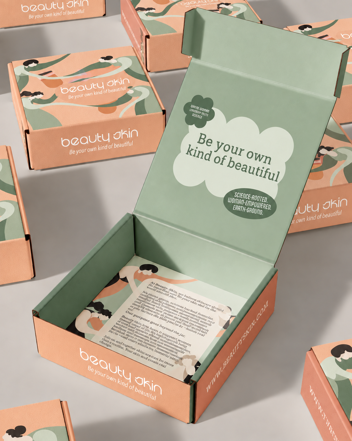 Open peach skincare mailer box with a sage green interior and printed brand insert, surrounded by matching closed boxes.
