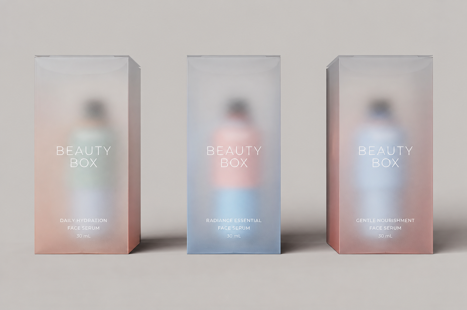 Three frosted translucent serum boxes with white Beauty Box branding and pastel skincare bottles visible inside.
