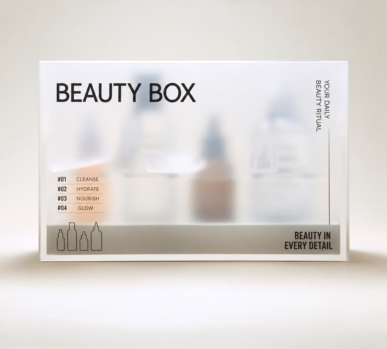 Frosted transparent beauty box with black printed branding and skincare bottles visible inside.