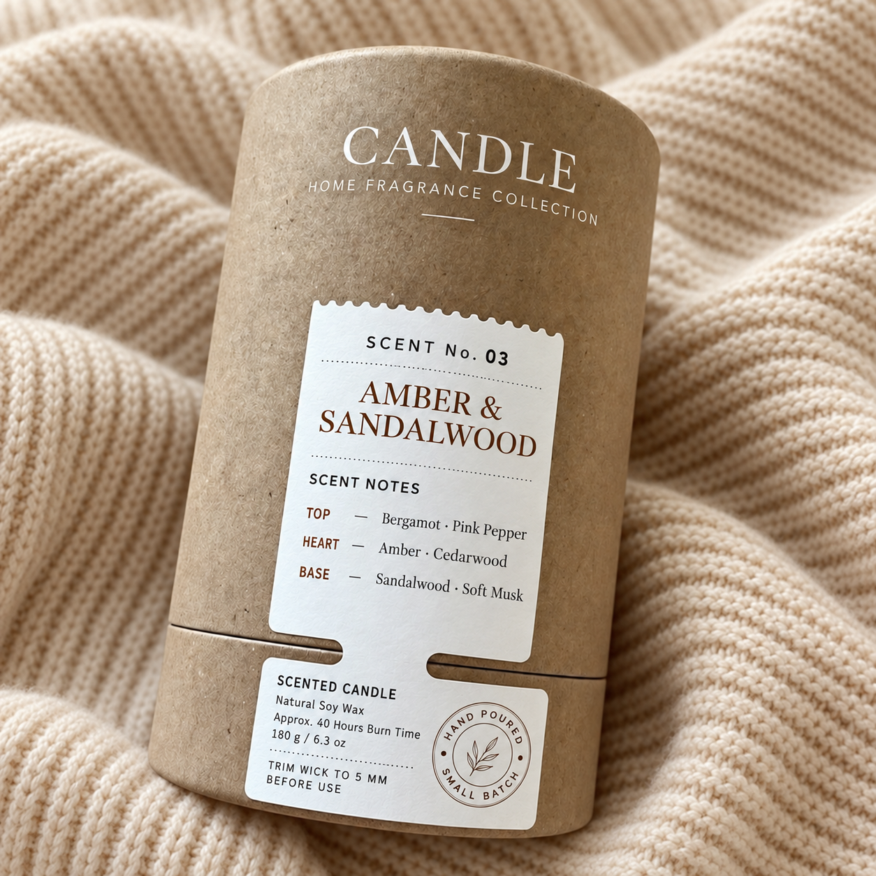 White printed breakable seal label spanning the lid and base of a brown cylindrical candle box.