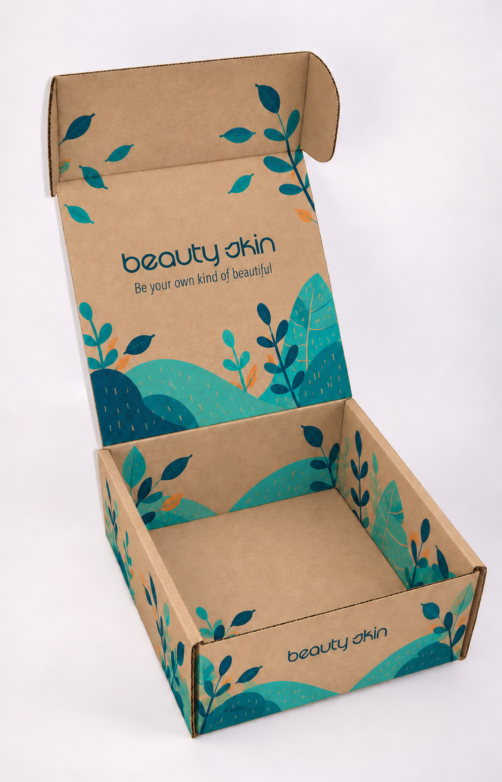 Open kraft skincare mailer box with teal botanical illustrations and Beauty Skin branding printed inside and outside.