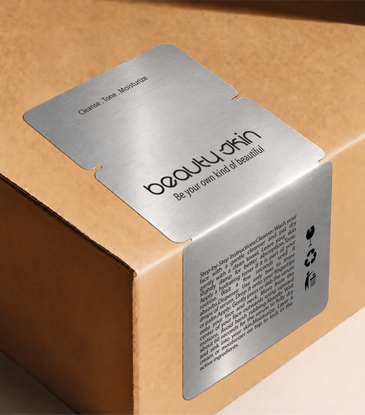 Silver metallic breakable seal label with black Beauty Skin branding, applied across the opening of a brown packaging box.
